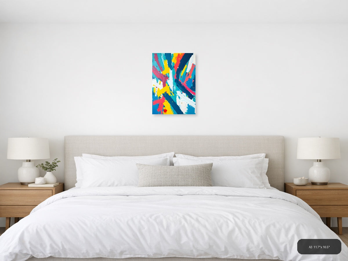 Vibrant Abstract Brush Strokes in Blue, Yellow & Red Wall Art — A3 / Bedroom
