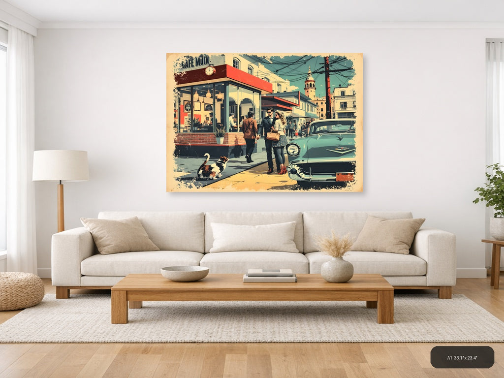 Vintage Café Street Scene with Retro Car Wall Art — A1 / Living Room