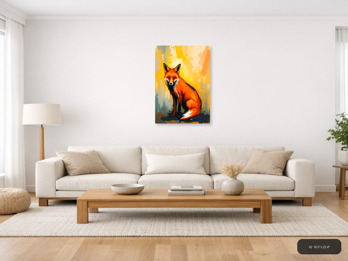 Abstract Red Fox Portrait with Yellow Background Wall Art — A2 / Living Room