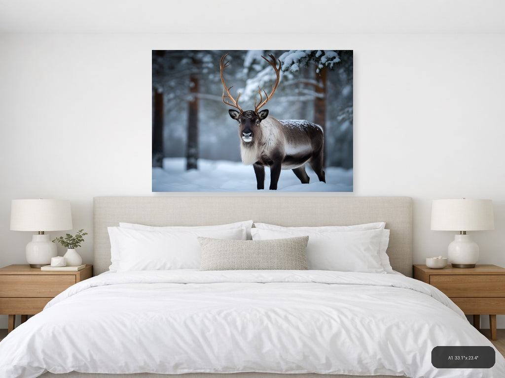 Majestic Reindeer in Snowy Forest Photography Wall Art — A1 / Bedroom