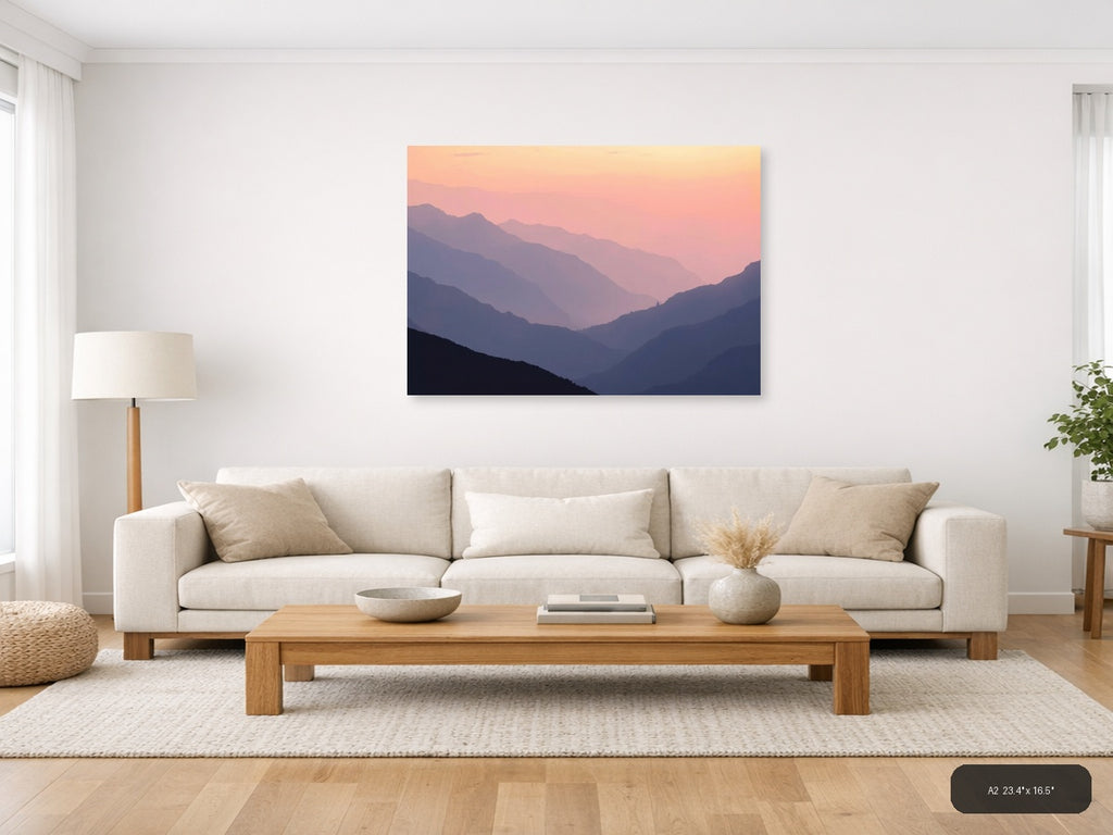 Minimalist Mountain Valley Sunset Pink Sky Wall Art — A2 / Living Room