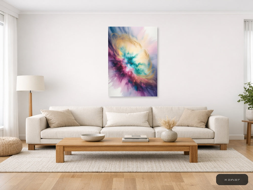 Cosmic Watercolor Nebula in Pink and Teal Wall Art — A1 / Living Room