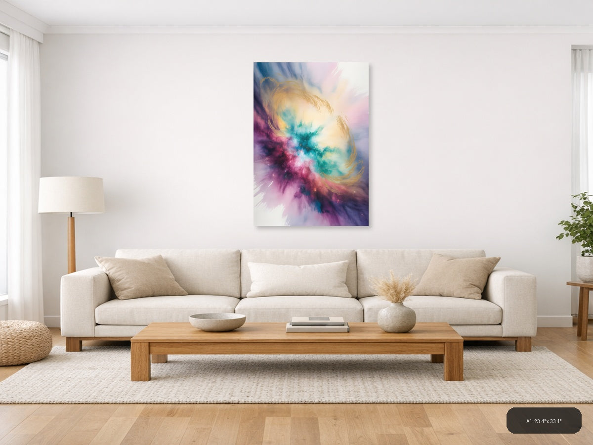 Cosmic Watercolor Nebula in Pink and Teal Wall Art — A1 / Living Room