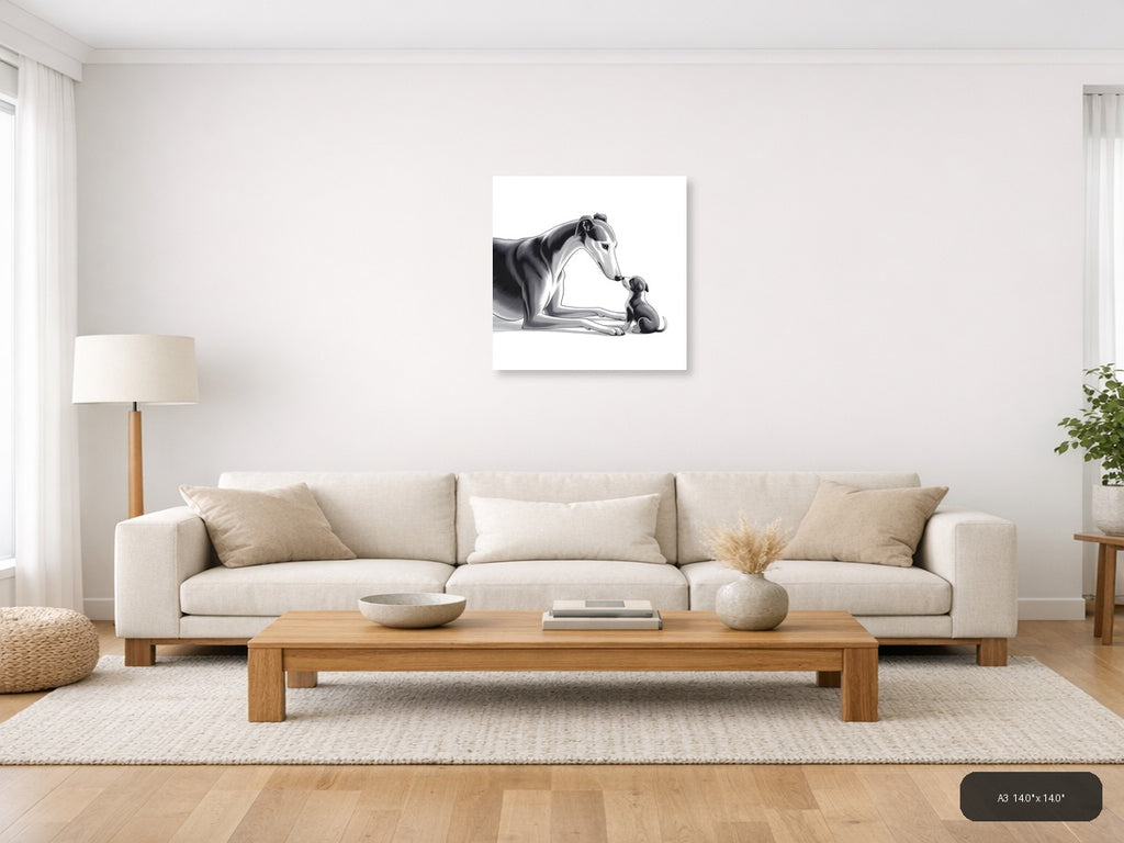 Large Dog and Puppy Minimalist Black White Wall Art — A3 / Living Room