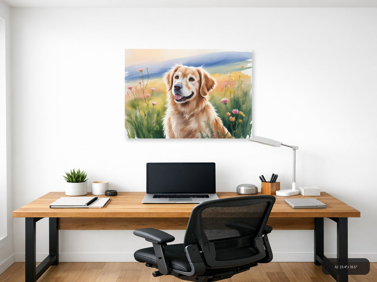 Golden Retriever in Wildflower Meadow Watercolor Wall Art — A2 / Office