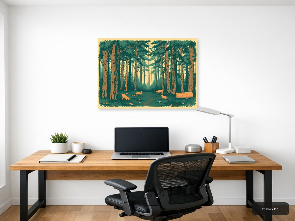Vintage Forest Scene with Deer - Landscape Wall Art — A2 / Office