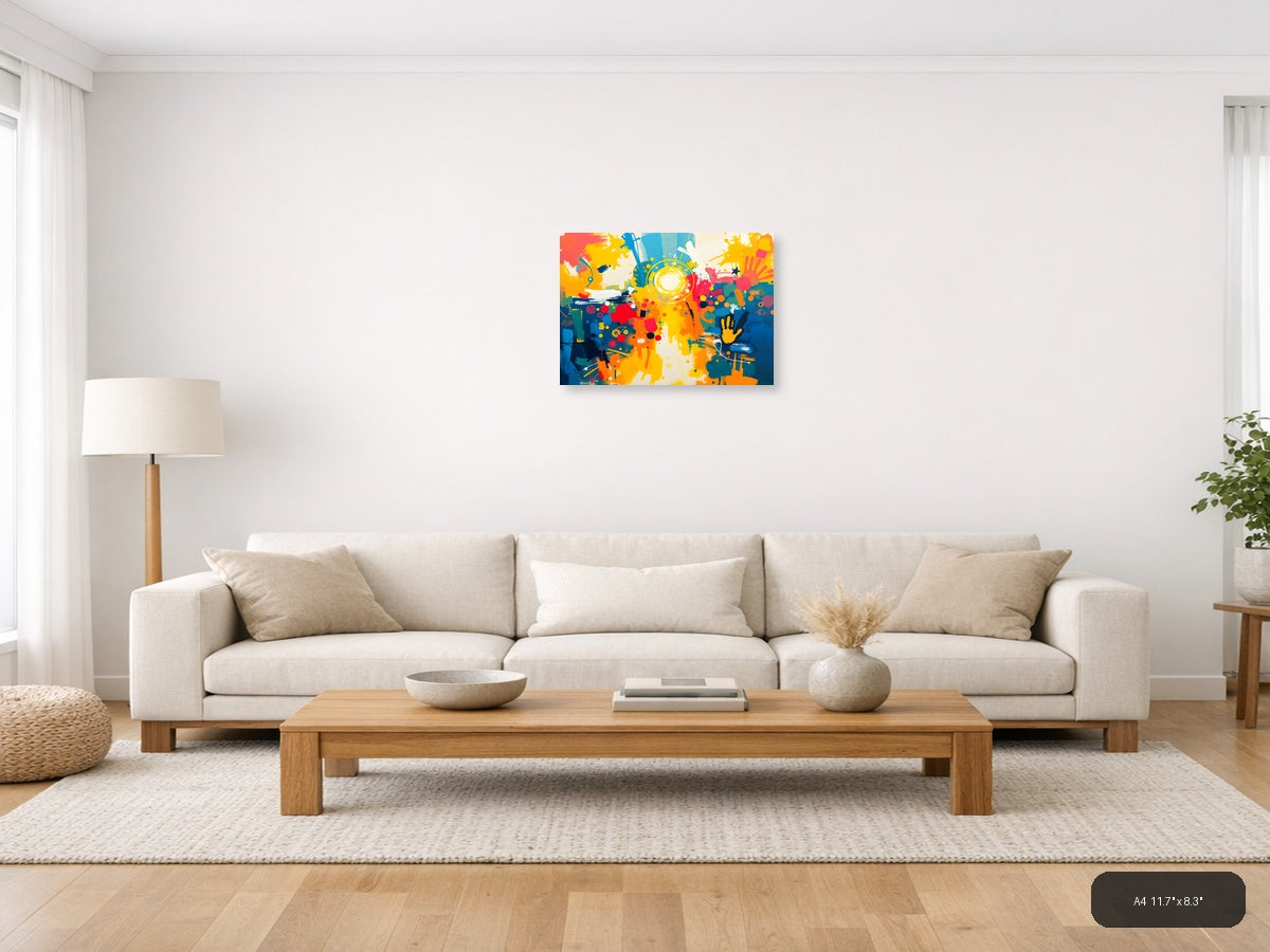 Vibrant Abstract Explosion Circular Yellow Focal Point Wall Art — A4 / Living Room