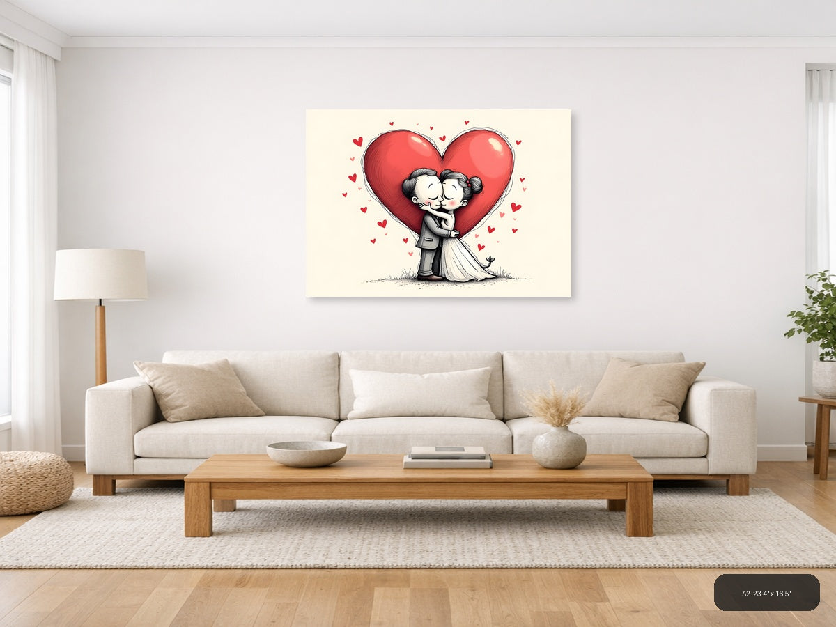 Couple Kissing Heart Line Art Wall Art — A2 / Living Room