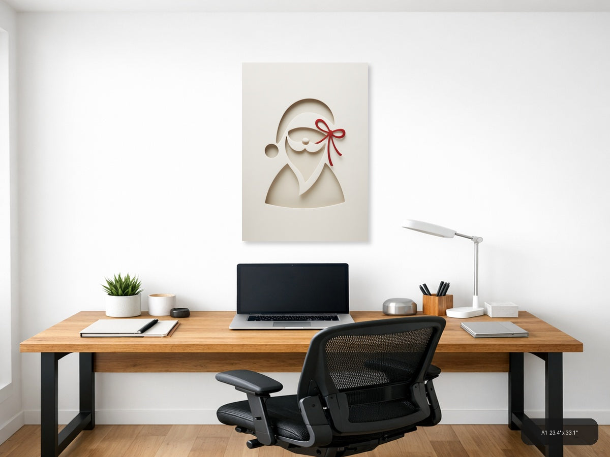 Minimalist Santa with Red Bow Paper Cut Wall Art — A1 / Office