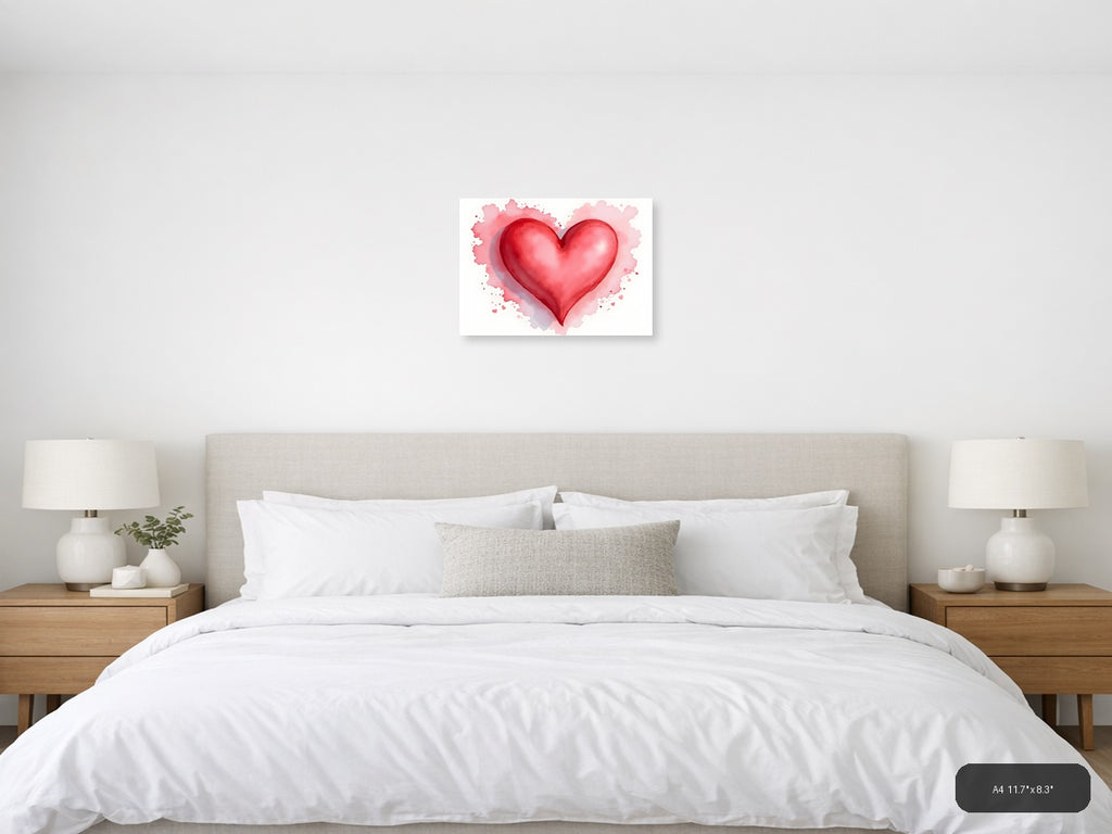 Red Heart Watercolor Splash Modern Wall Art — A4 / Bedroom