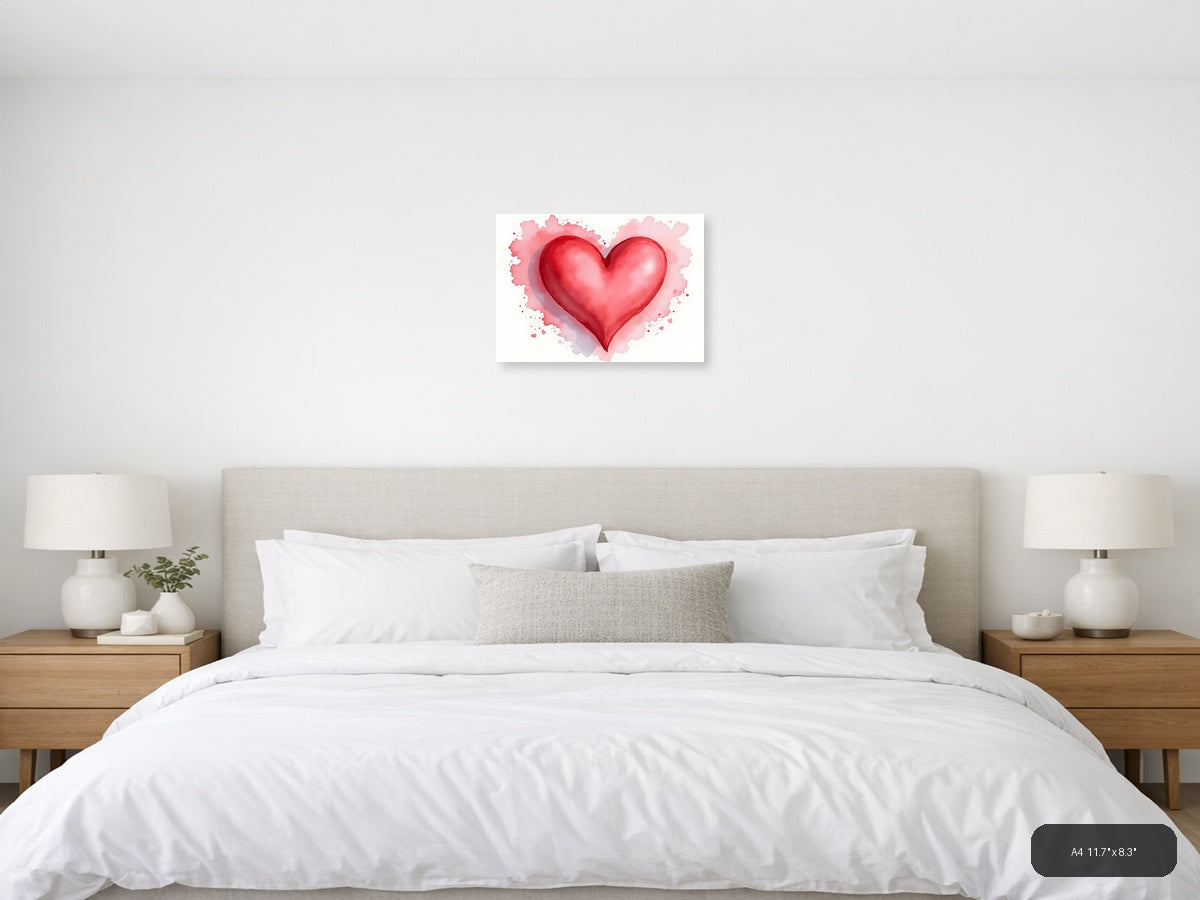 Red Heart Watercolor Splash Modern Wall Art — A4 / Bedroom