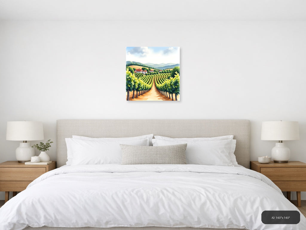 Tuscan Vineyard Watercolor Landscape Wall Art — A3 / Bedroom