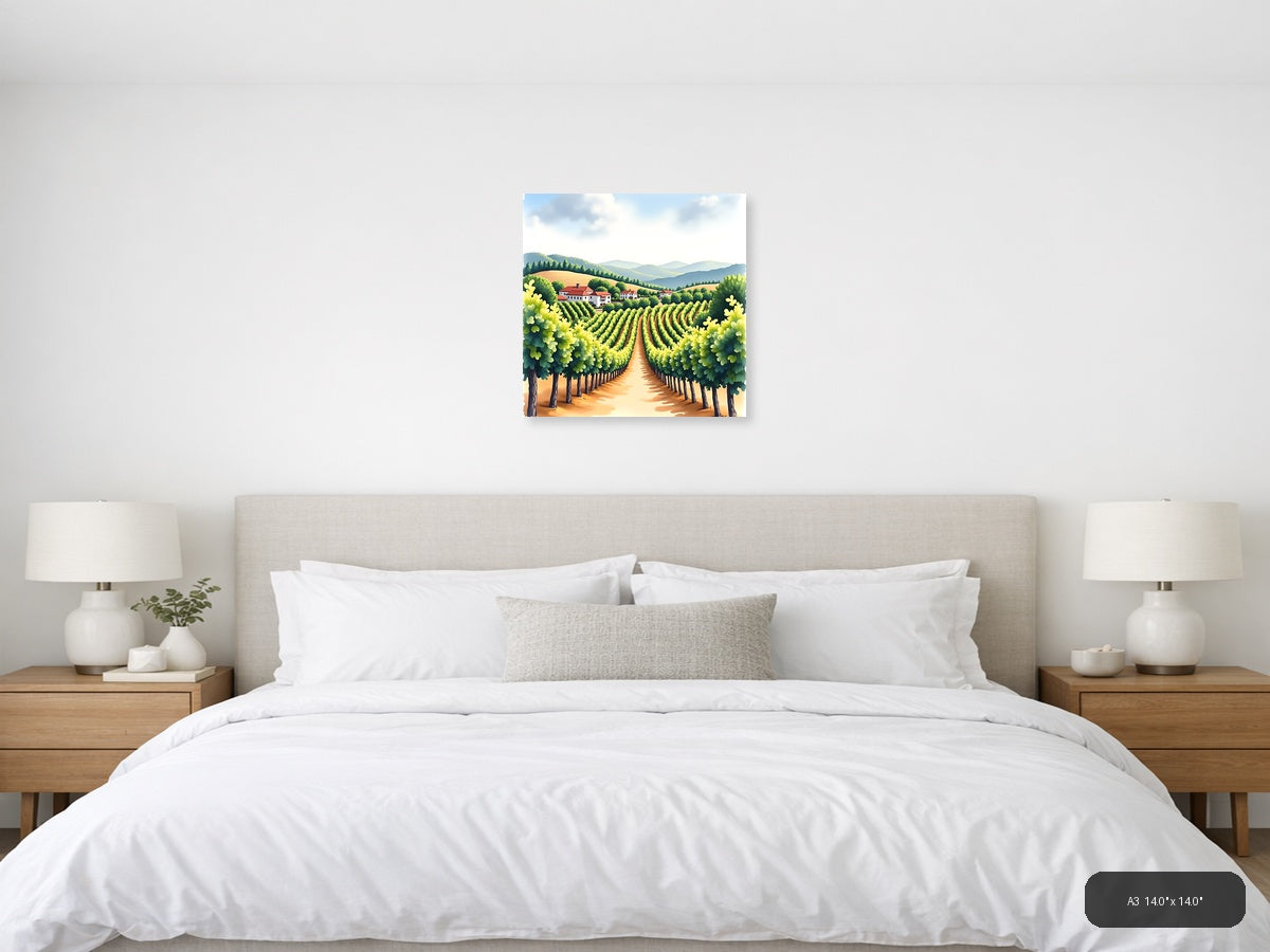 Tuscan Vineyard Watercolor Landscape Wall Art — A3 / Bedroom