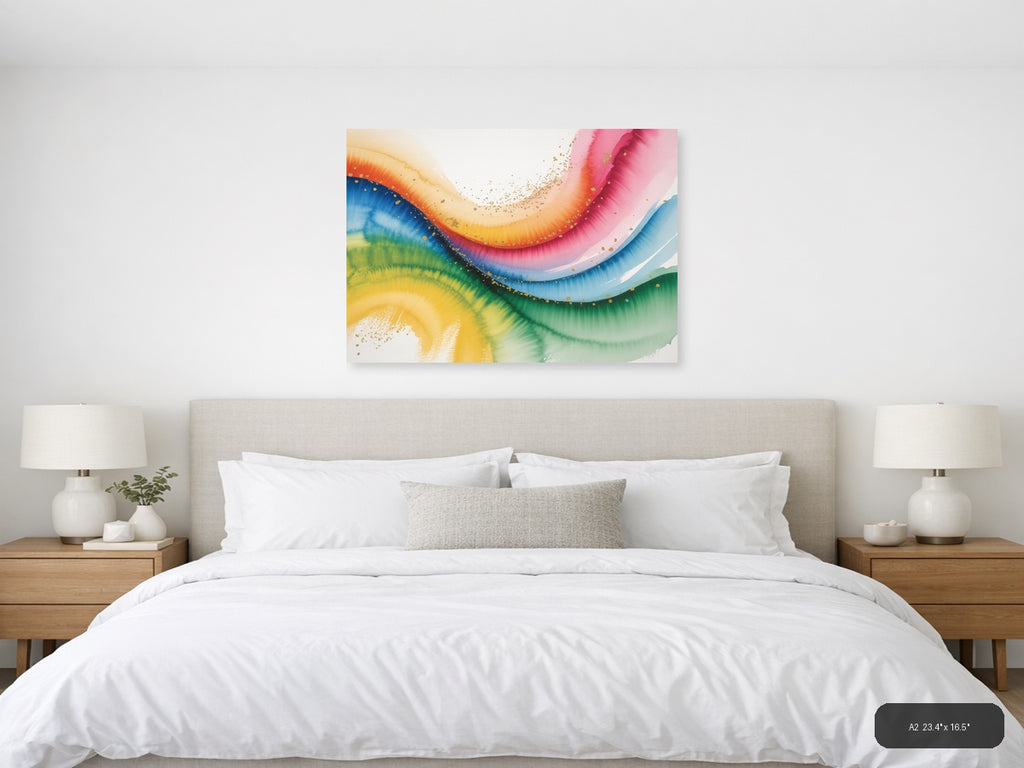 Rainbow Watercolor Flow Gold Splatter Wall Art — A2 / Bedroom