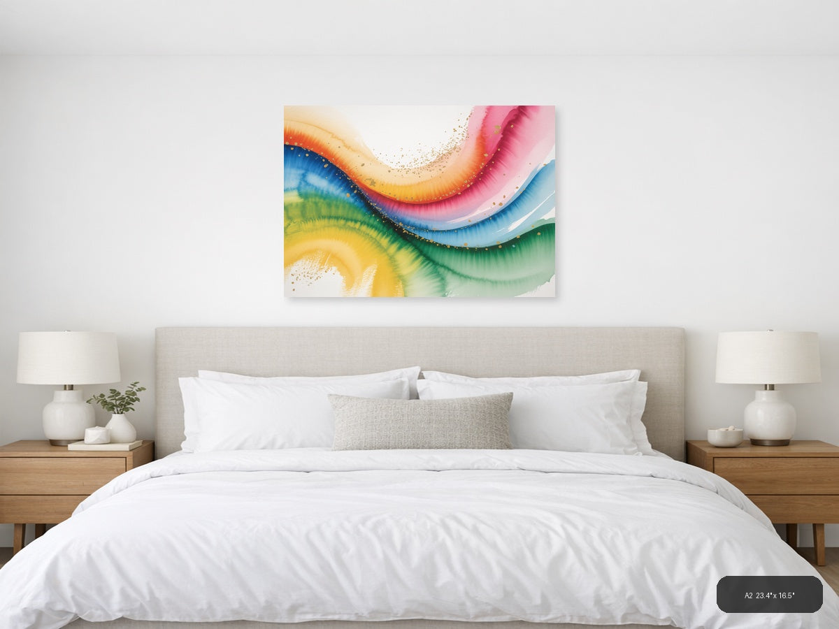 Rainbow Watercolor Flow Gold Splatter Wall Art — A2 / Bedroom