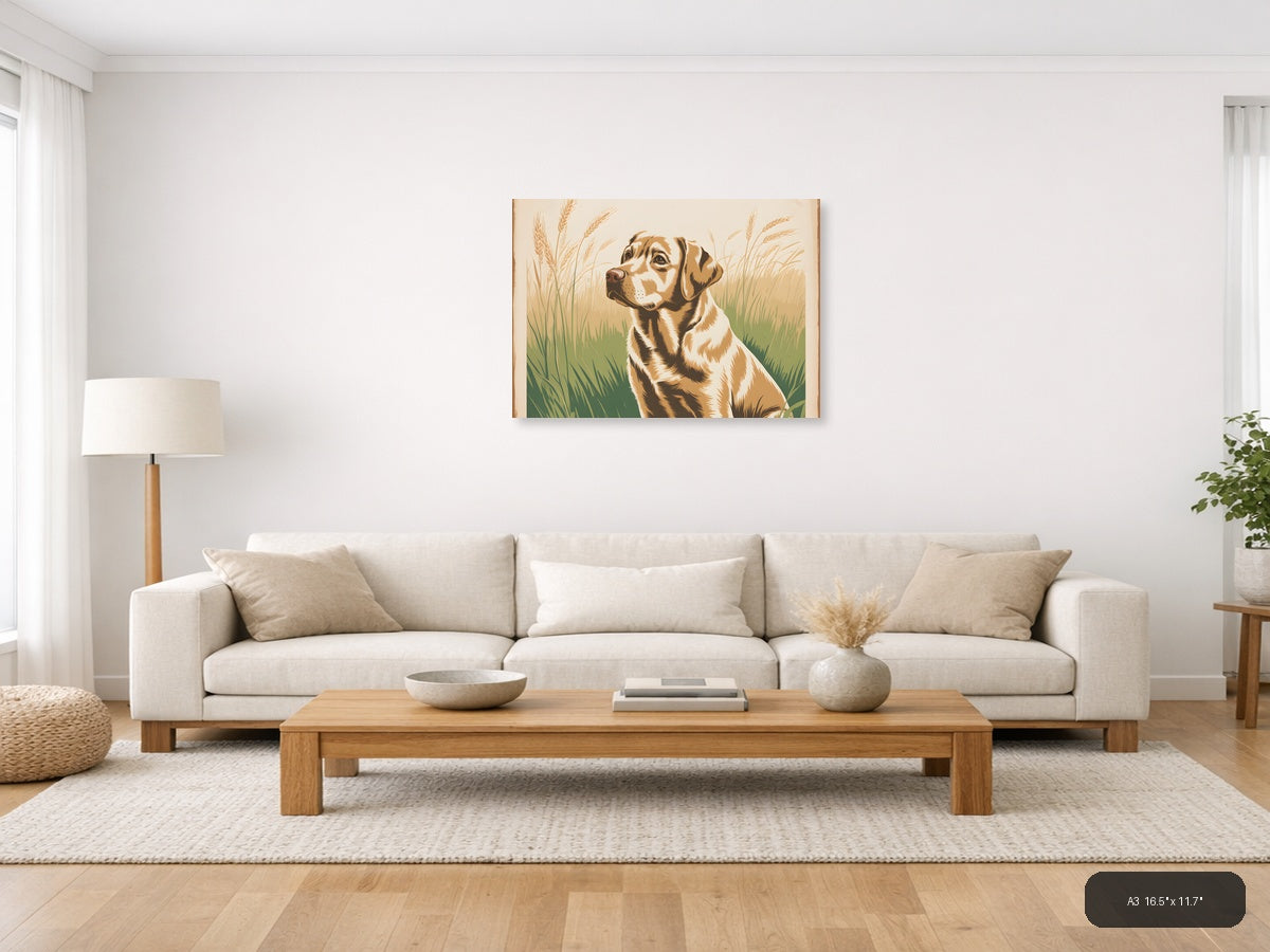 Vintage Hunting Dog in Wheat Field Wall Art — A3 / Living Room