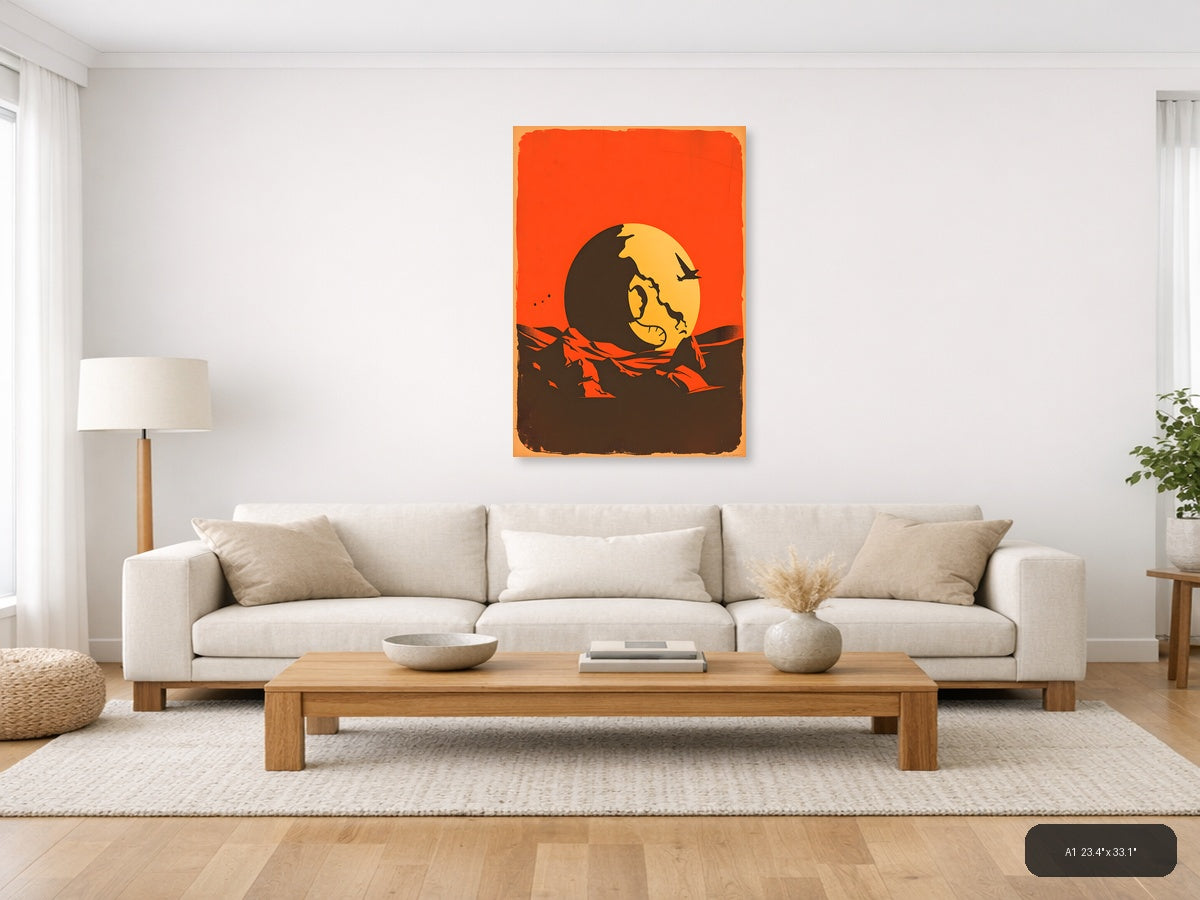 Vintage Moon Face Sunset Silhouette Wall Art — A1 / Living Room