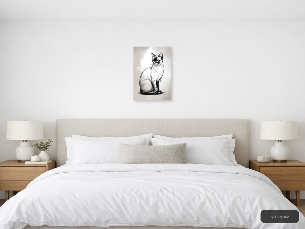 Sitting Cat with Blue Eyes Line Art Wall Art — A3 / Bedroom