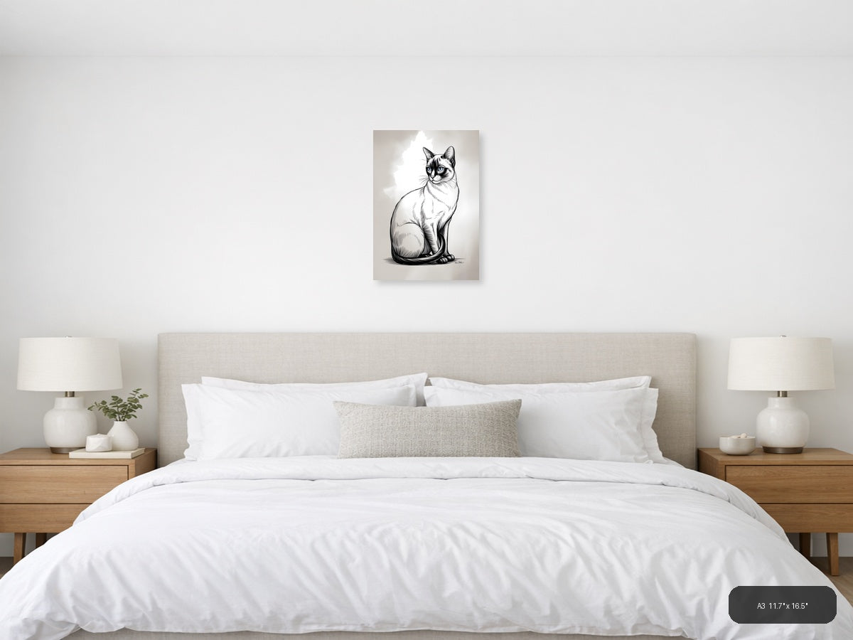 Sitting Cat with Blue Eyes Line Art Wall Art — A3 / Bedroom