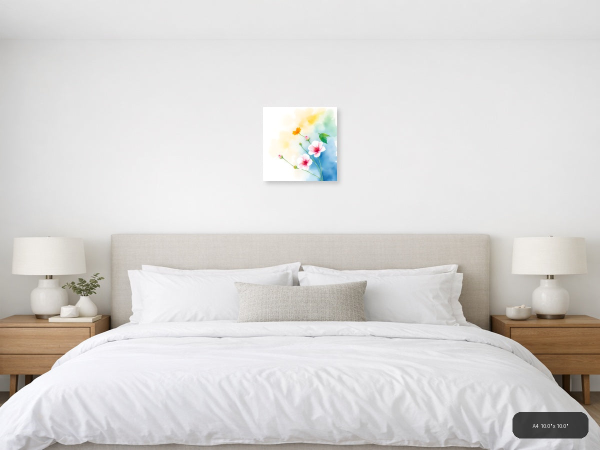 Watercolor Pink & Yellow Flowers on Blue Wall Art — A4 / Bedroom