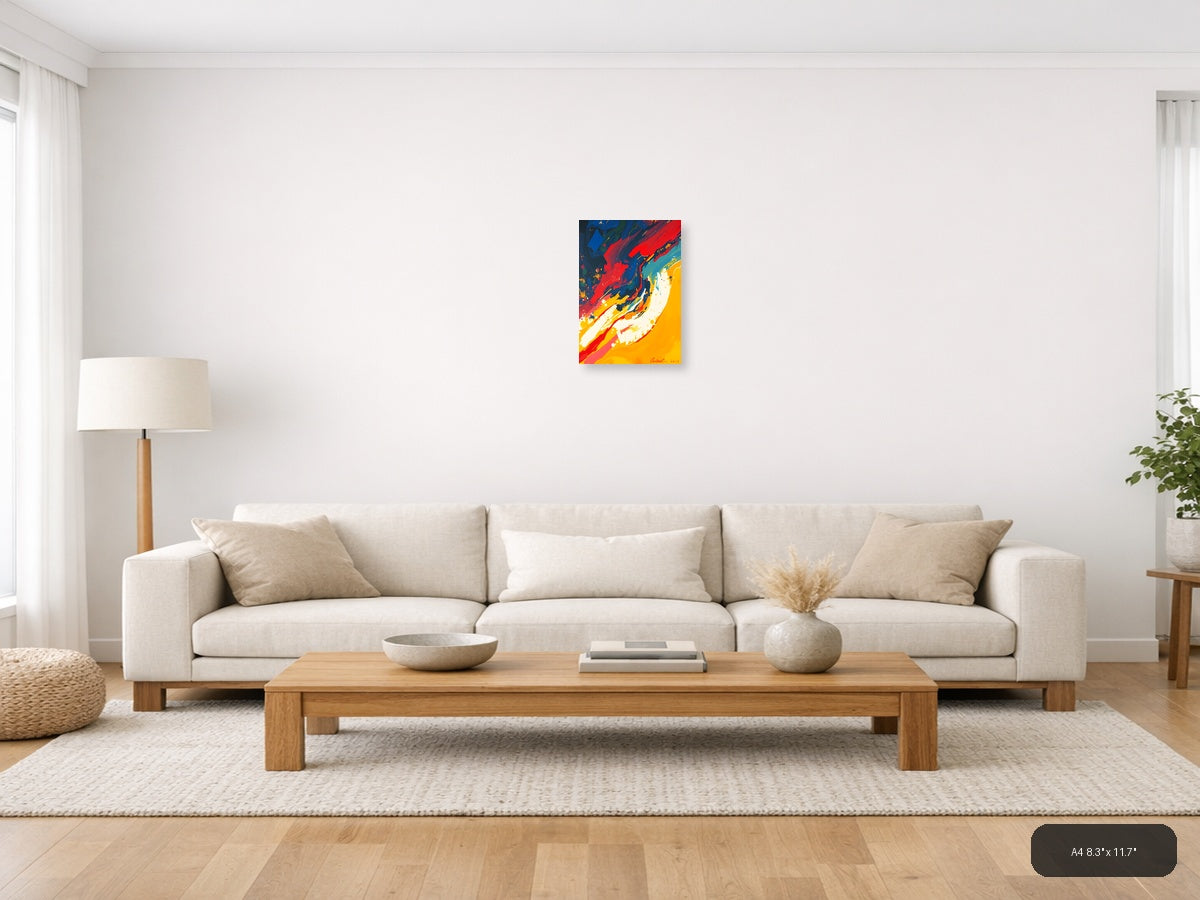 Bold Abstract Fluid Art with Red, Blue & Yellow Wall Art — A4 / Living Room