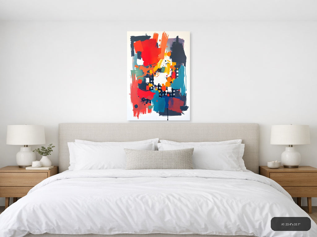 Bold Abstract Composition Red Orange Teal Wall Art — A1 / Bedroom