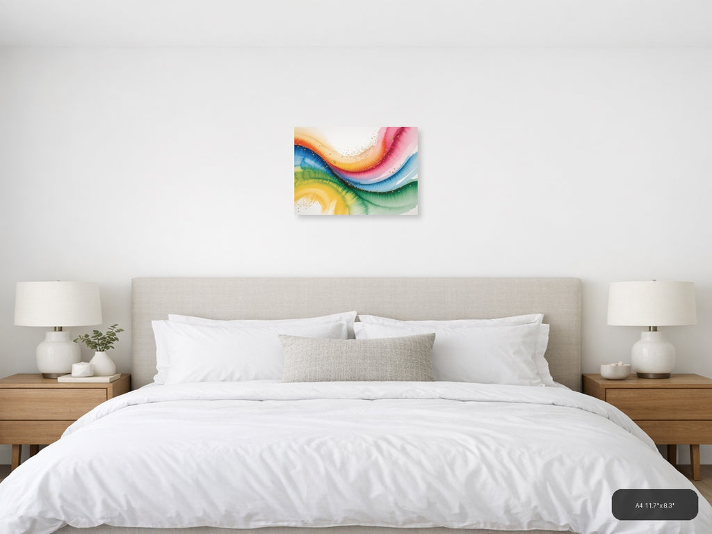 Rainbow Watercolor Flow Gold Splatter Wall Art — A4 / Bedroom