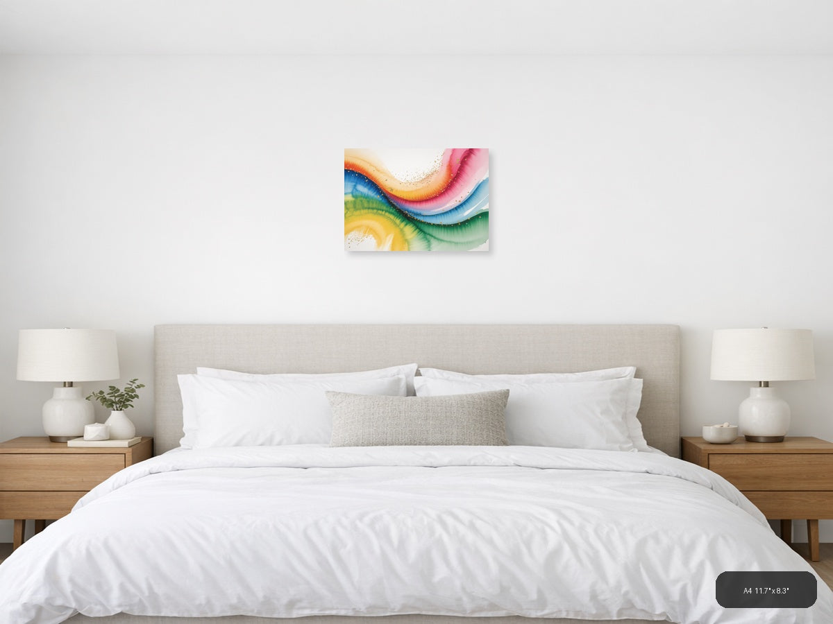Rainbow Watercolor Flow Gold Splatter Wall Art — A4 / Bedroom