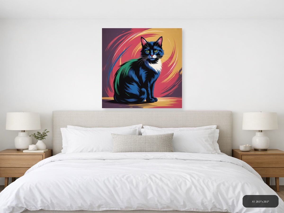 Colorful Abstract Cat Portrait with Green Eyes Wall Art — A1 / Bedroom