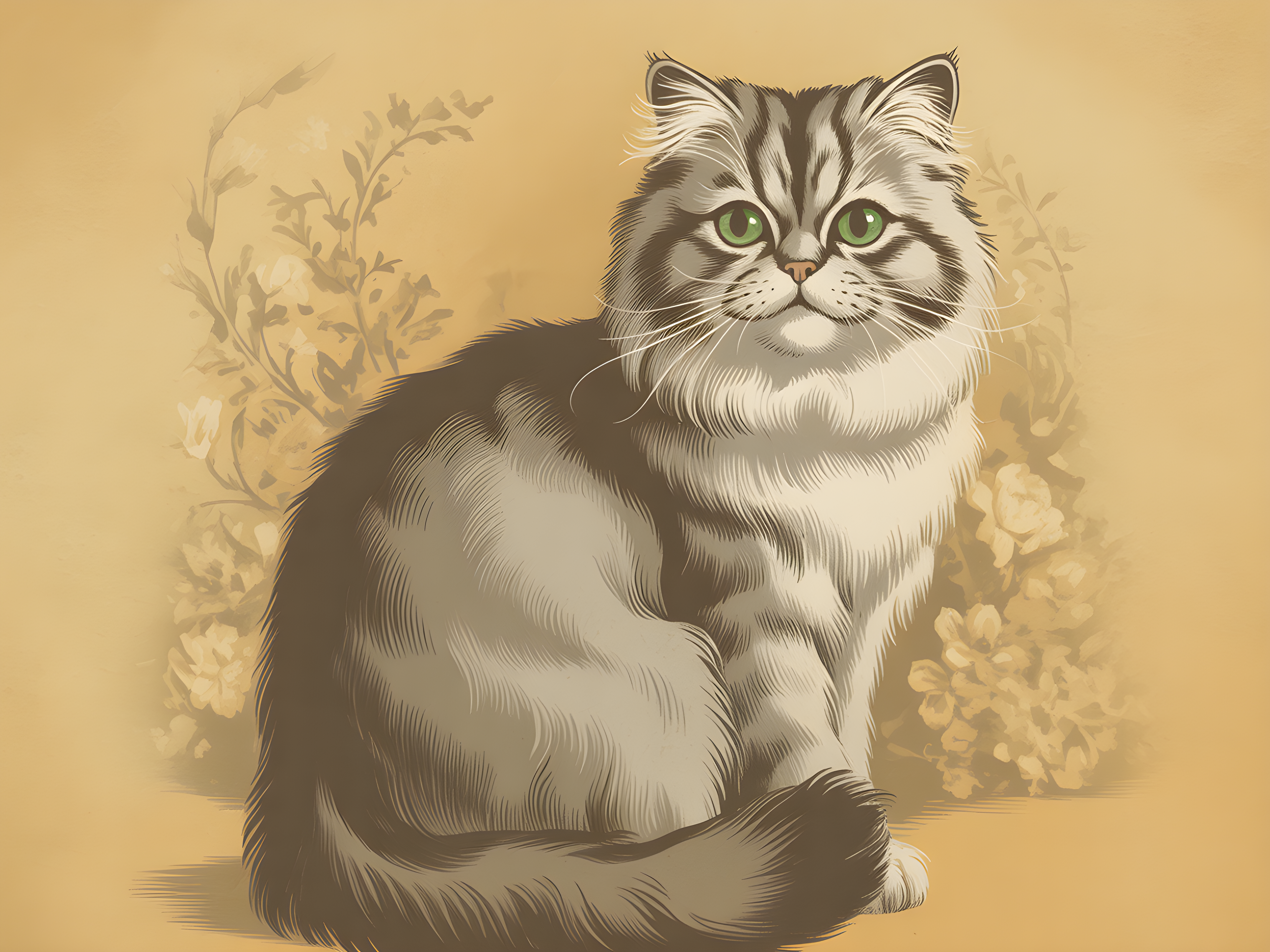 Vintage Fluffy Cat Portrait with Green Eyes Wall Art