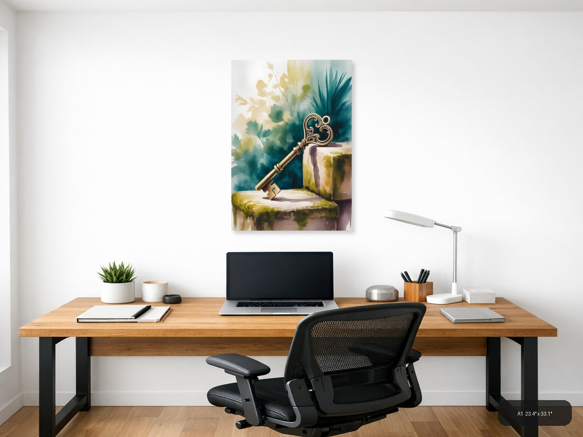 Ornate Golden Key Watercolor Wall Art — A1 / Office