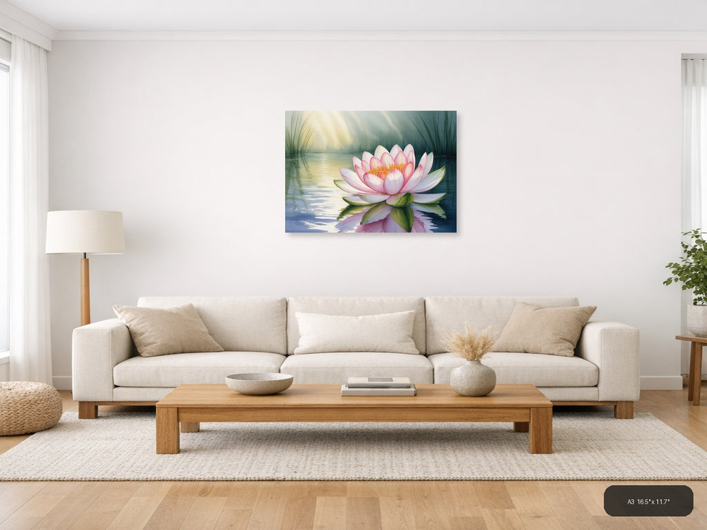 Pink Water Lily Watercolor Landscape Wall Art — A3 / Living Room