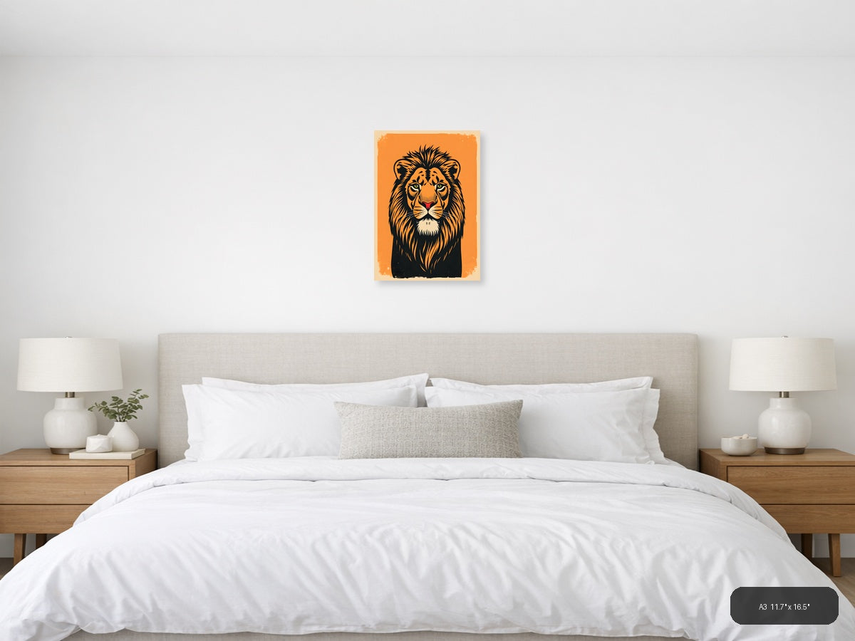 Vintage Lion Head Portrait Orange Wall Art — A3 / Bedroom