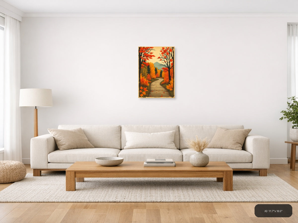 Vintage Autumn Forest Path Mountain Landscape Wall Art — A3 / Living Room