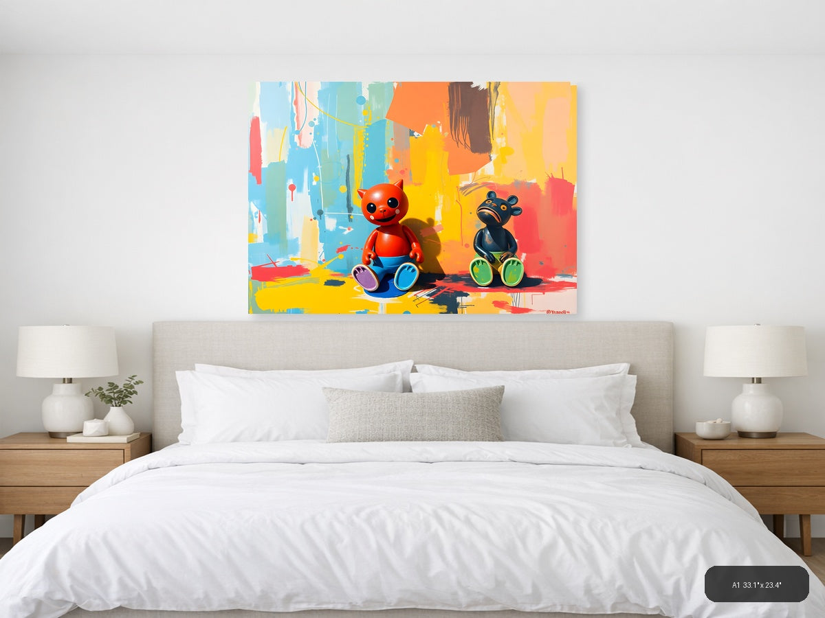 Colorful Cat & Bear Abstract Canvas Wall Art — A1 / Bedroom