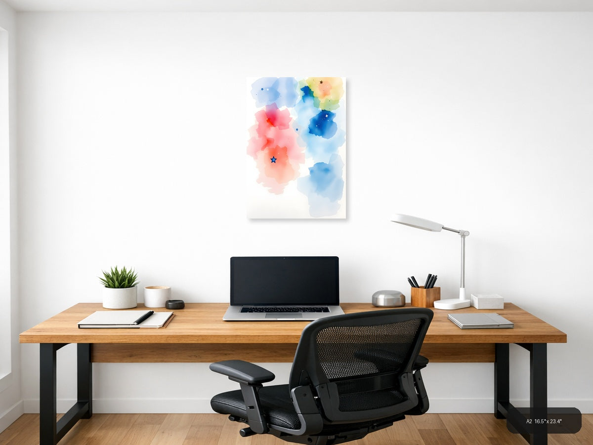 Abstract Watercolor Map with Stars Wall Art — A2 / Office
