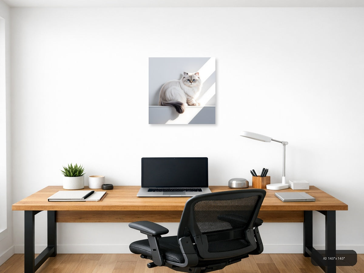 Minimalist White Cat with Blue Eyes Square Wall Art — A3 / Office