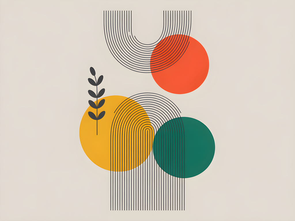 Abstract Line Art with Geometric Circles & Botanical Leaf Wall Art