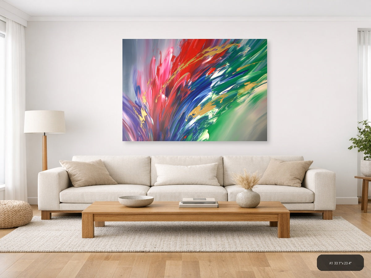 Vibrant Abstract Explosion: Pink, Red & Green Wall Art — A1 / Living Room