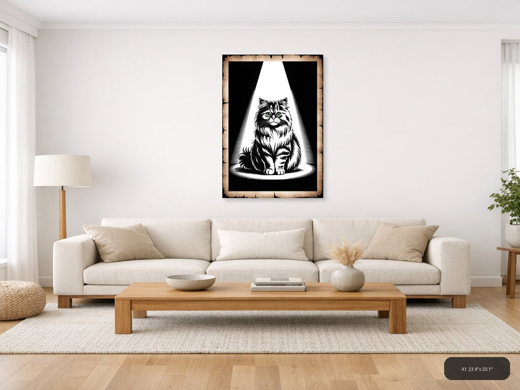 Majestic Fluffy Cat Green Eyes Black & White Wall Art — A1 / Living Room