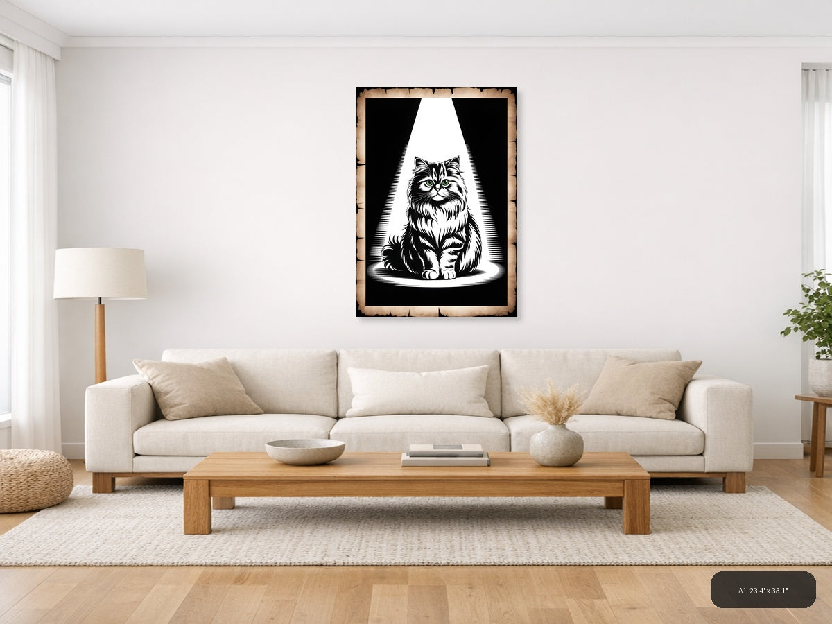 Majestic Fluffy Cat Green Eyes Black & White Wall Art — A1 / Living Room