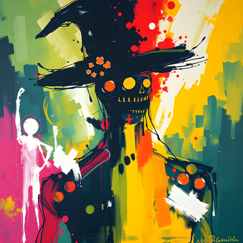 Abstract Colorful Skull with Crow Hat Modern Wall Art