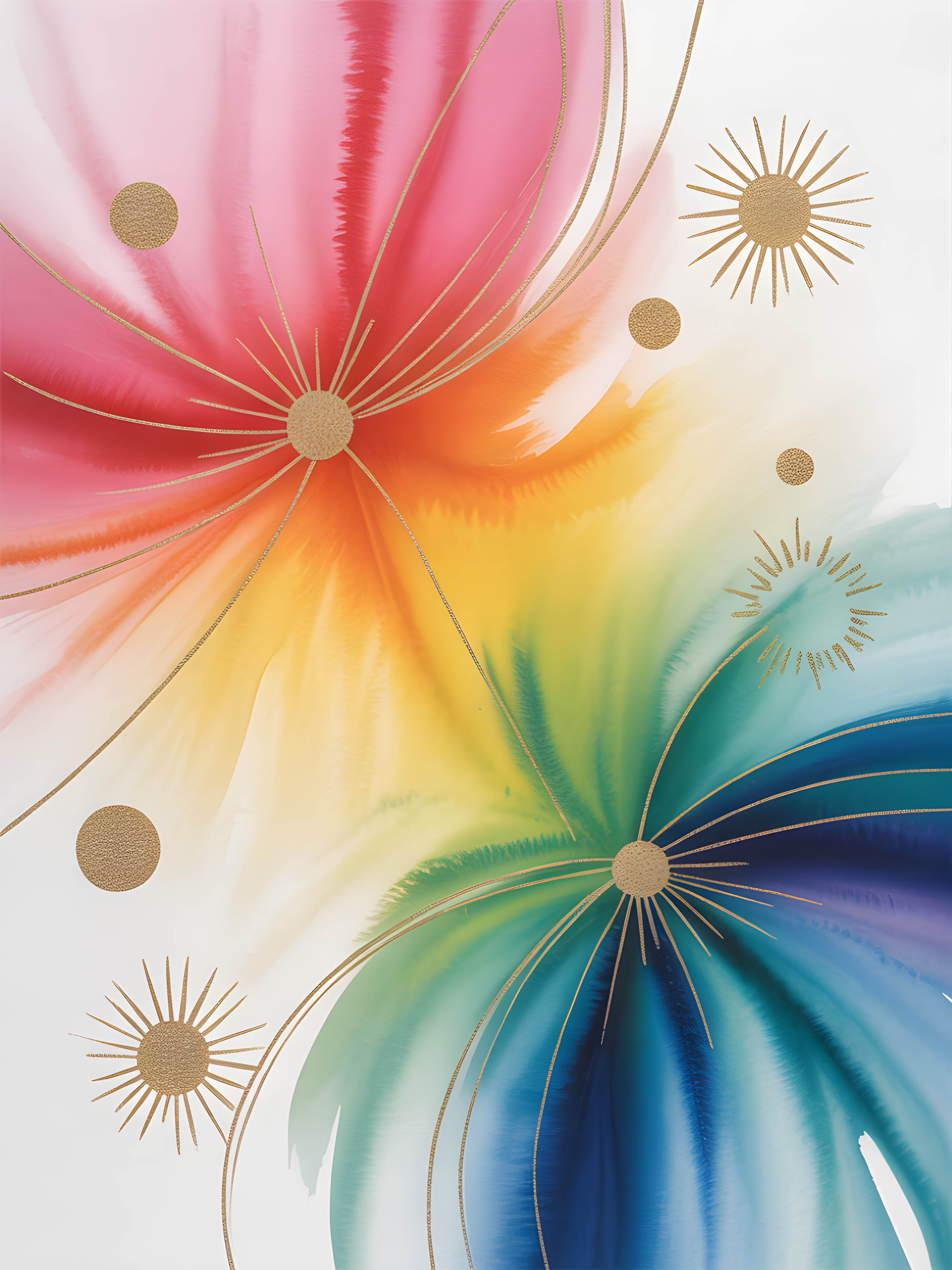 Rainbow Watercolor Sunburst with Gold Accents Wall Art