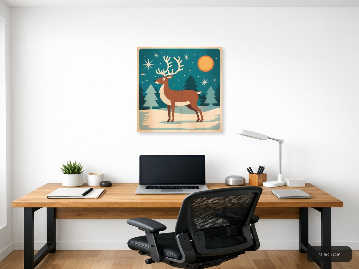 Vintage Reindeer Winter Night Sky Wall Art — A2 / Office