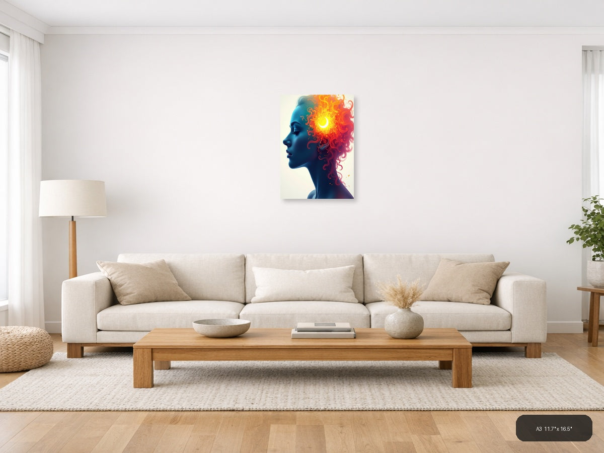 Blue Profile with Fiery Cosmic Energy Abstract Wall Art — A3 / Living Room