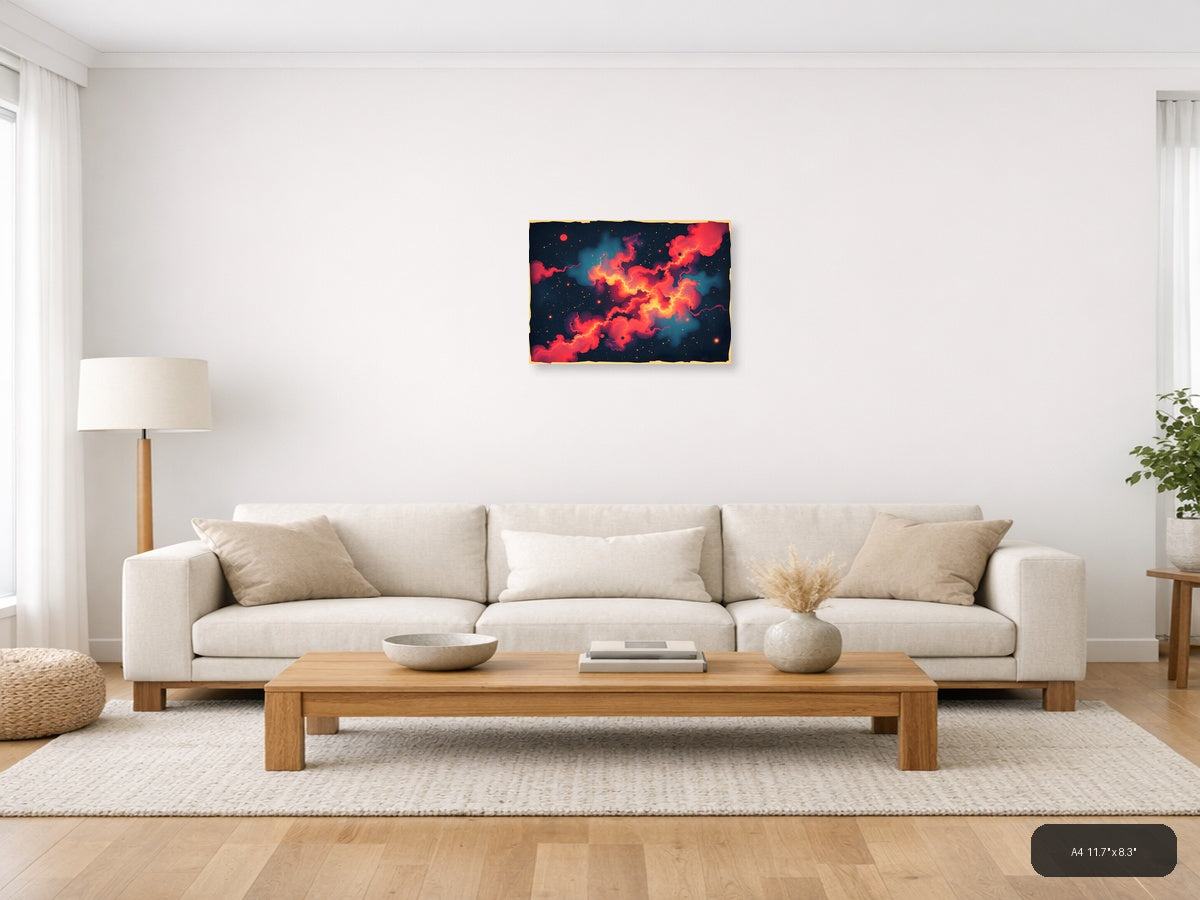 Vintage Cosmic Nebula Red Orange Galaxy Wall Art — A4 / Living Room