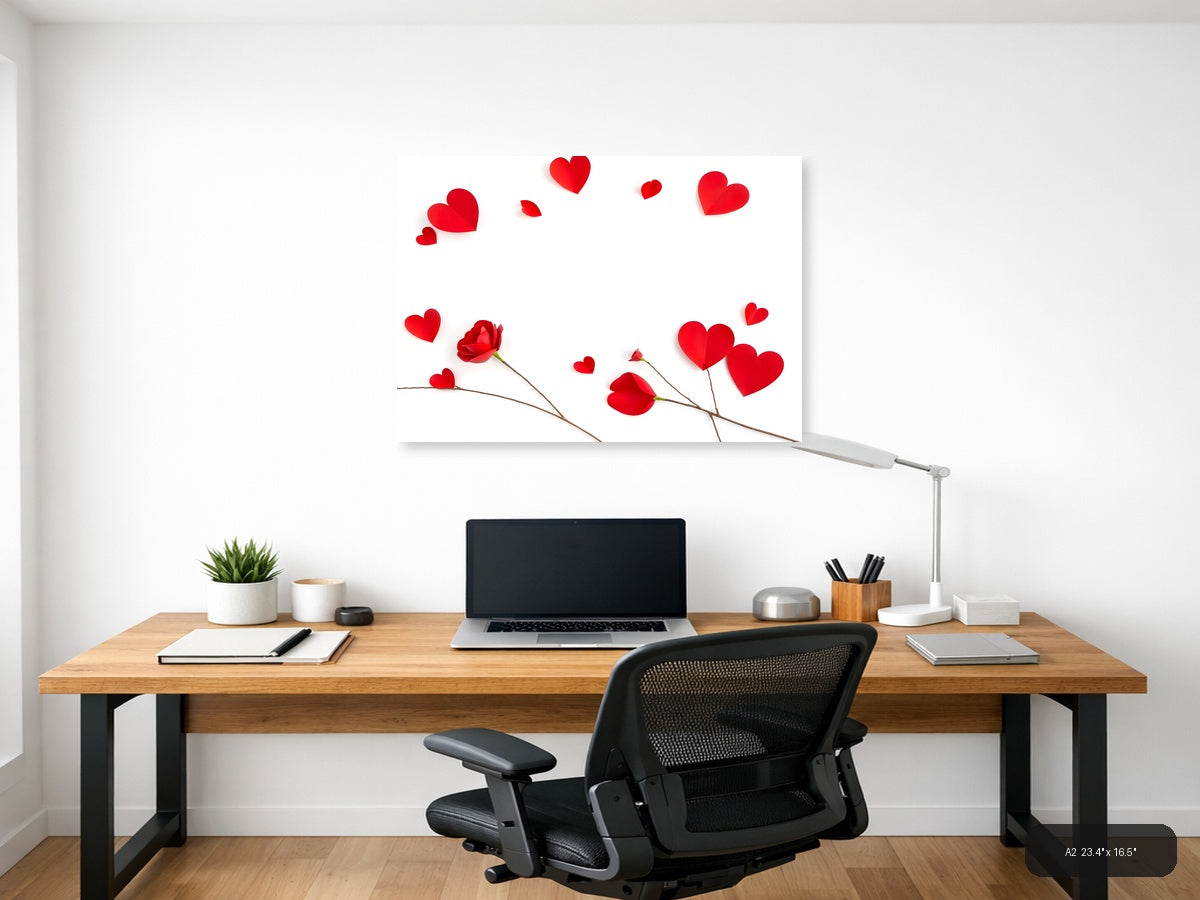 Red Hearts and Roses Minimalist Landscape Wall Art — A2 / Office