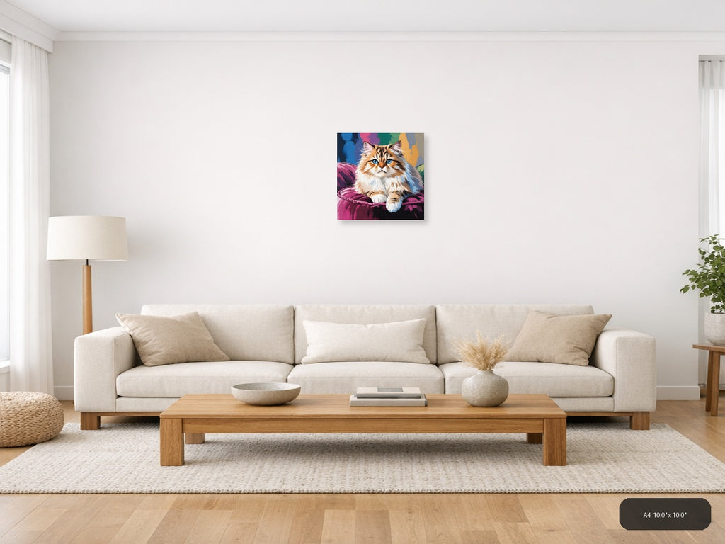 Fluffy Cat with Blue Eyes Abstract Colorful Wall Art — A4 / Living Room