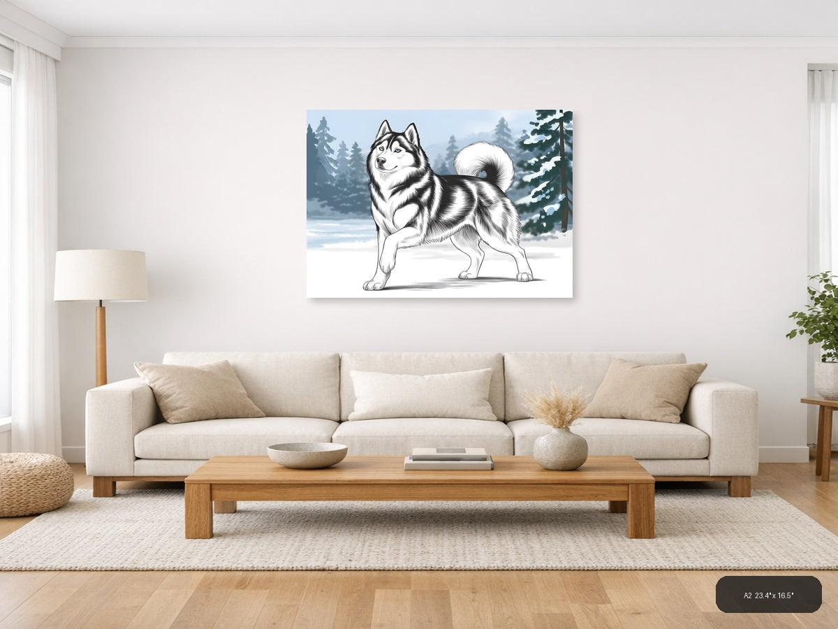 Husky Dog Line Art Winter Forest Landscape Wall Art — A2 / Living Room