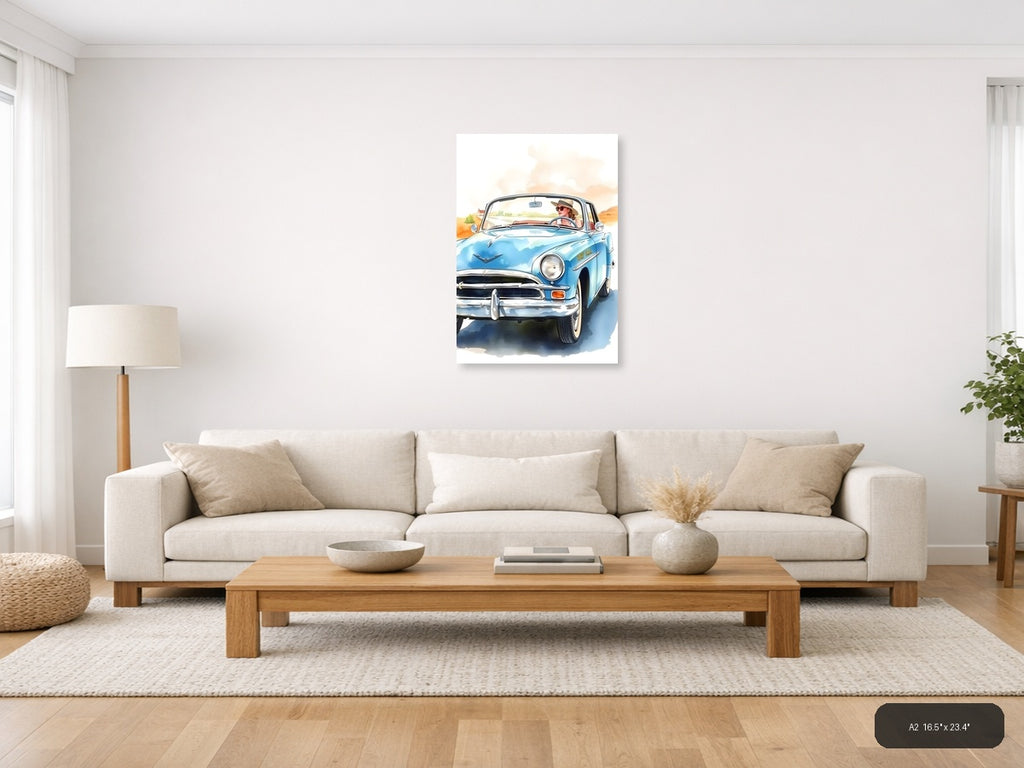Blue Convertible Car Watercolor Portrait Wall Art — A2 / Living Room